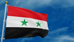 The Syrian flag flies above the blue sky. 3D animation of a flag flying with a vertical pole. 4k video and bottom view