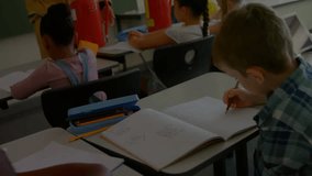 Animation of graphs over diverse firefighter teaching students how to use extinguisher in classroom. Digital composite, multiple exposure, report, business, childhood and school concept. - Powered by Shutterstock - Get 15% off with code: PIKWIZARD15