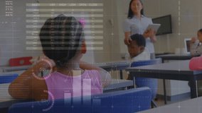 Animation of infographic interface over diverse female teacher teaching students in classroom. Digital composite, multiple exposure, report, business, childhood, global and school concept. - Powered by Shutterstock - Get 15% off with code: PIKWIZARD15