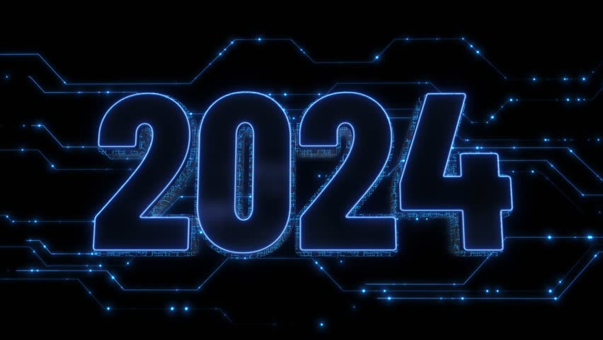 Digital Data moving on Circuit Board and CPU in form of 2024 new year digits. Abstract high tech Artificial intelligence (AI), data mining, modern computer technology surface. Cyber new year congrats - Powered by Shutterstock - Get 15% off with code: PIKWIZARD15