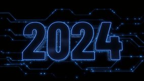 Digital Data moving on Circuit Board and CPU in form of 2024 new year digits. Abstract high tech Artificial intelligence (AI), data mining, modern computer technology surface. Cyber new year congrats - Powered by Shutterstock - Get 15% off with code: PIKWIZARD15