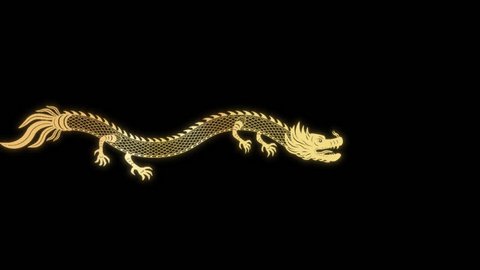 Animation of a traditional Chinese dragon flying along the frame, space for text in Chinese style for New Year greetings, Chinese New Year celebration. Golden serpent dragon on black background: film stockowy