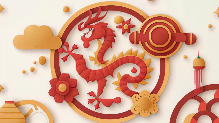 Dragon Chinese New Year 2024, red gold, symbol Royalty-Free Stock Footage #1111130873