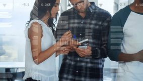 Animation of computer icons over multiracial colleagues sharing business ideas in office. Digital composite, business, graph, laptop, data processing, teamwork, discussion, technology, cellphone. - Powered by Shutterstock - Get 15% off with code: PIKWIZARD15