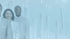 Animation of infographic interface over diverse smiling business people in suit standing at office. Digital composite, business, report, progress, teamwork, portrait, professional. - Powered by Shutterstock - Get 15% off with code: PIKWIZARD15