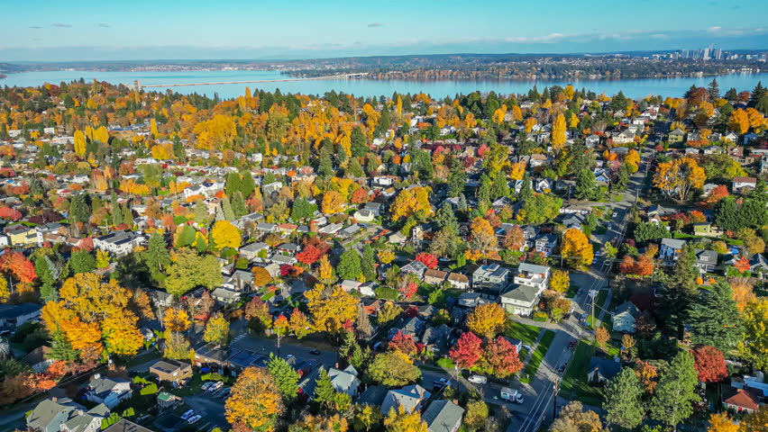 Flying high above a Seattle suburban neighborhood with a view of Lake Washington and Bellevue in the distance Royalty-Free Stock Footage #1111138273