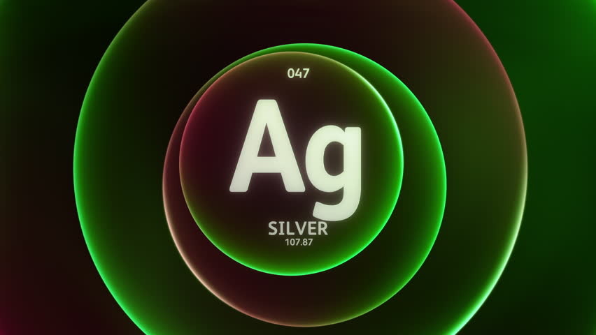 Silver as Element 47 of the Periodic Table. Concept animation on abstract green red gradient rings seamless loop background. Title design for science content and infographic showcase backdrop.