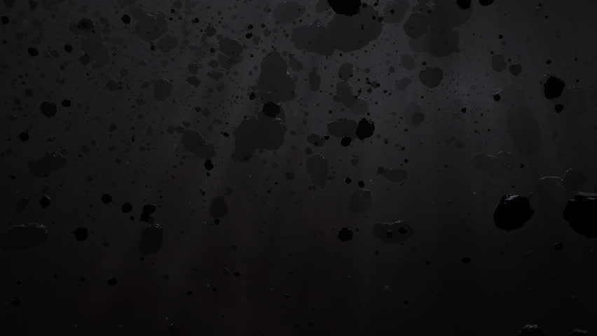 Asteroid belt field in dark outer space. 3D animation wide tracking shot. Rock formations of cosmic debris and giant Meteorites. Celestial objects on black background with dust nebula haze low light Royalty-Free Stock Footage #1111140665
