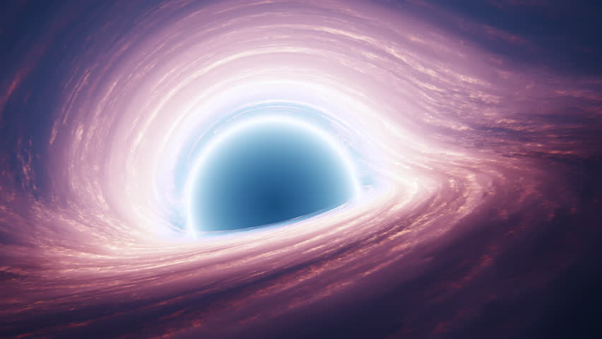 Interstellar black hole with glowing accretion disk and singularity nucleus. Concept 3D animation of cosmic wormhole on starry space background. Theory of relativity and quantum physics wallpaper.
