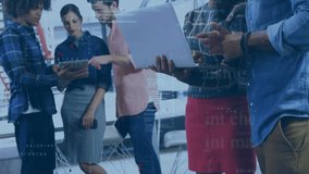 Animation of programming language over diverse happy colleagues discussing over laptop in office. Digital composite, coding, data processing, teamwork, high five, success and technology. - Powered by Shutterstock - Get 15% off with code: PIKWIZARD15