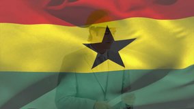 Animation of flag of ghana, caucasian engineer wearing helmet standing with blueprints. Digital composite, multiple exposure, profession, safety, government, freedom and patriotism concept. - Powered by Shutterstock - Get 15% off with code: PIKWIZARD15