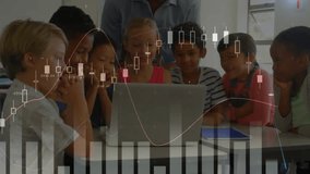 Animation of graphs over diverse male teacher and students watching educational video on laptop. Digital composite, multiple exposure, report, childhood, togetherness and technology concept.