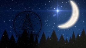 Animation of neon christmas tree and crescent moon in winter scenery background. Christmas, tradition, celebration movement and colour concept digitally generated video.