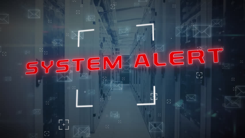 Animation of system alert text, viewfinder, envelope icons over data server room. Digital composite, multiple exposure, warning, message, data center, networking, network server and technology. - Powered by Shutterstock - Get 15% off with code: PIKWIZARD15