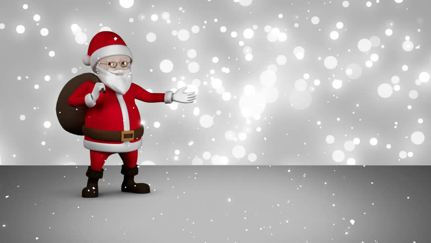 Animation of santa claus over snow falling with copy space on grey background. Christmas, tradition and celebration concept digitally generated video.