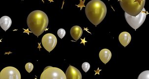 Animation of gold and silver balloons with stars on black background. New year, new year's eve, party, celebration and tradition concept digitally generated video.