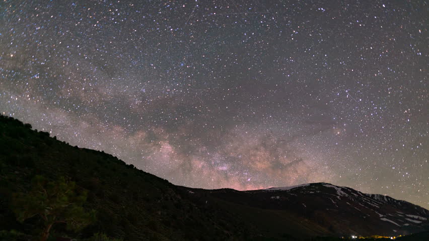 Timelapse pan of Milky Way galaxy over alpine peaks in Sierra Nevada mountains, California, USA