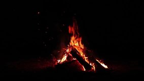 Night Bonfire Burns in the Dark Forest - Isolated on Black. Flaming Campfire at Nighttime. Place for Bonfire. Fire Pit Outdoors, Wood on Fire, Flying Sparks and Smoke - Slow Motion - Powered by Shutterstock - Get 15% off with code: PIKWIZARD15