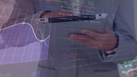 Animation of stock market data processing over mid section of businessman using tablet at office. Global economy and business technology concept - Powered by Shutterstock - Get 15% off with code: PIKWIZARD15