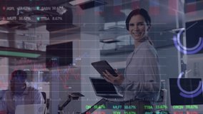 Animation of stock market data processing against caucasian businesswoman using tablet at office. Computer interface and business data technology concept - Powered by Shutterstock - Get 15% off with code: PIKWIZARD15