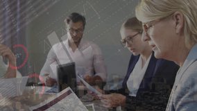 Animation of multicolored infographic interface over diverse coworkers analyzing reports in office. Digital composite, multiple exposure, business, teamwork, examining and global concept. - Powered by Shutterstock - Get 15% off with code: PIKWIZARD15