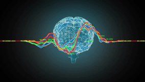 Animation of multicolored graphs with changing numbers over illuminated human brain. Digitally generated, hologram, anatomy, report, business, growth, artificial intelligence and technology concept. - Powered by Shutterstock - Get 15% off with code: PIKWIZARD15