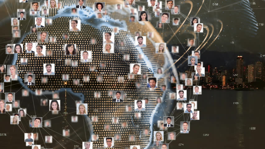 Animation of profile pictures around globe with numbers over abstract background. Digital composite, multiple exposure, business, digits, abstract and globalization concept.
