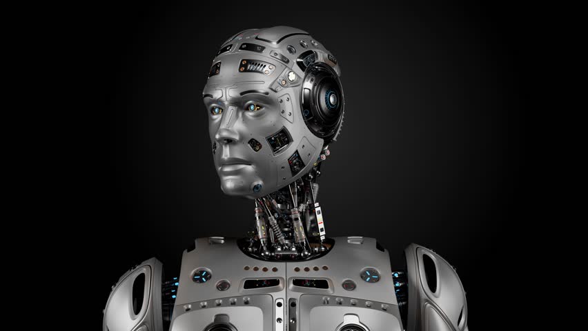 Very detailed futuristic robot man or humanoid cyborg holds a mysterious rotating sphere with blue light ball inside. 3d rendering animation isolated on black background with alpha