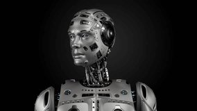 Very detailed futuristic robot man or humanoid cyborg holds a mysterious rotating sphere with blue light ball inside. 3d rendering animation isolated on black background with alpha - Powered by Shutterstock - Get 15% off with code: PIKWIZARD15