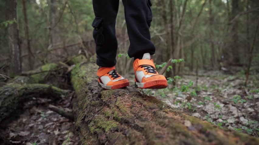 baby boy playing in the forest park. close-up child feet walking on a fallen tree log. happy family kid dream concept. a child in sneakers walks on a fallen tree in lifestyle park Royalty-Free Stock Footage #1111155621