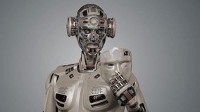 Detailed futuristic robot man or humanoid cyborg removes his face mask showing vey complex mechanism of his head with many gears. 3d rendering animation isolated on color background with alpha - Powered by Shutterstock - Get 15% off with code: PIKWIZARD15