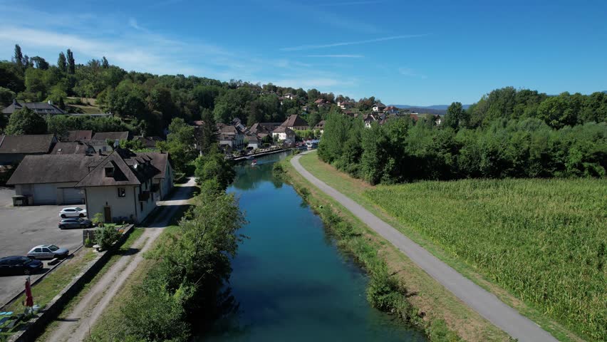 Aerial view of Chanaz, Canal de Savieres in Savoie, France