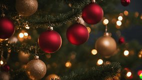 Happy New Year Christmas tree decorates with red and yellow glass ball on branch snow on background bokeh of side flickering light bulbs garlands for family winter holiday. Festival mood. Noel - Powered by Shutterstock - Get 15% off with code: PIKWIZARD15