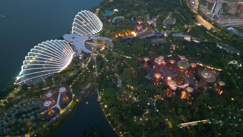 Aerial view of Gardens by the Bay at night in Singapore