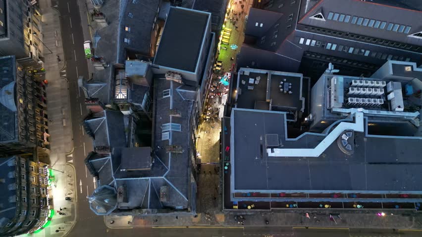 Night aerial shot of Mathew Street in Liverpool, England, United Kingdom