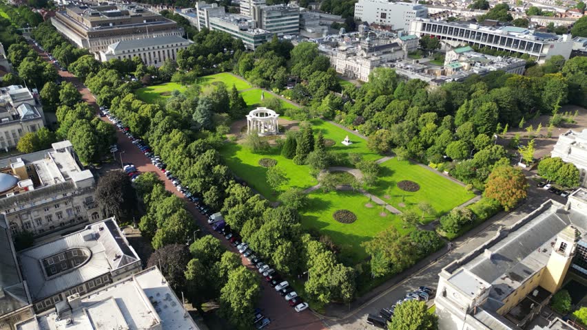 Drone shot of Cardiff University and Alexandra Gardens, Cardiff city, Wales, UK