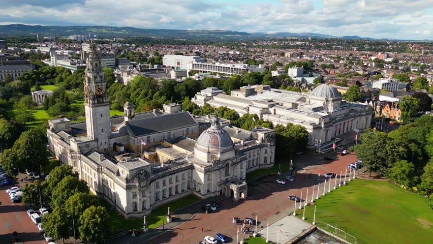 Aerial view of Cardiff City Hall in Wales, United Kingdom