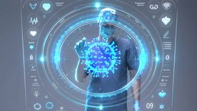 Healthcare doctor surgeon neurologist interacts with futuristic holographic corona covid-19 virus hud screen Medical AR interface, digital diagnostics virtual 3D print imaging in medicine. - Powered by Shutterstock - Get 15% off with code: PIKWIZARD15