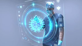 Healthcare doctor surgeon neurologist interacts with futuristic holographic corona covid-19 virus hud screen Medical AR interface, digital diagnostics virtual 3D print imaging in medicine. - Powered by Shutterstock - Get 15% off with code: PIKWIZARD15