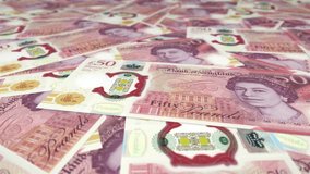 Camera flying over 50 British pound sterling bills money. Close up of panning along currency. Business, finance, inflation and deflation concept. 3D render, seamless loop. - Powered by Shutterstock - Get 15% off with code: PIKWIZARD15