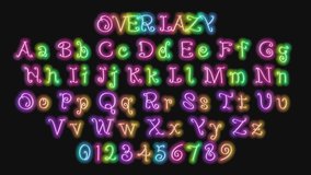 Animation Neon light colorful Alphabet and numbers. Neon Glowing Symbol on Black Background. Loopable 3D animation. OVER LAZY handwritten set creative display font visualization. 4K UHD resolution