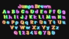 Animation Neon light colorful Alphabet and numbers. Neon Glowing Symbol on Black Background. Loopable 3D animation. JUMPS BROWN handwritten set creative display font visualization. 4K UHD resolution