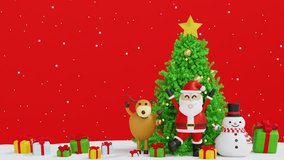 Santa clause with sleigh near snowman and Christmas tree and gifts box, Happy New year and Merry Christmas holiday greeting card Xmas, 3D 4K animation rendering. - Powered by Shutterstock - Get 15% off with code: PIKWIZARD15