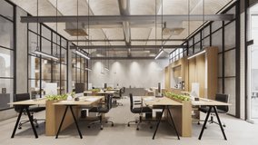 Interior Empty Modern Loft Office open space modern office footage.Modern open concept Lobby and reception area meeting room design.3d Rendering  interior walk through. - Powered by Shutterstock - Get 15% off with code: PIKWIZARD15