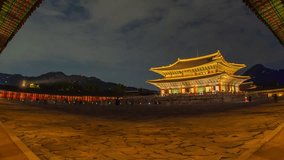 Time lapse video .Gyeongbokgung Palace at night and beautiful lights in Seoul South Korea. Zoom out.