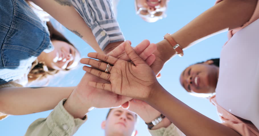 Students, group and hands stack in circle with low angle for motivation, goals or celebration at university, Men, women and friends together for winning, success or solidarity in diversity at college Royalty-Free Stock Footage #1111182077