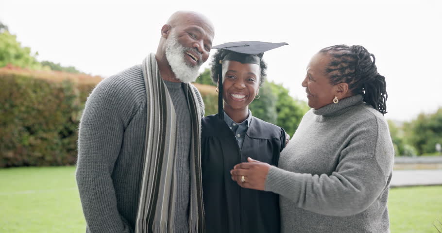 Graduation, family or happy or success outdoor with achievement, laughing and education on campus grass. Graduate, black girl or parents with pride for diploma, study or learning in garden of college