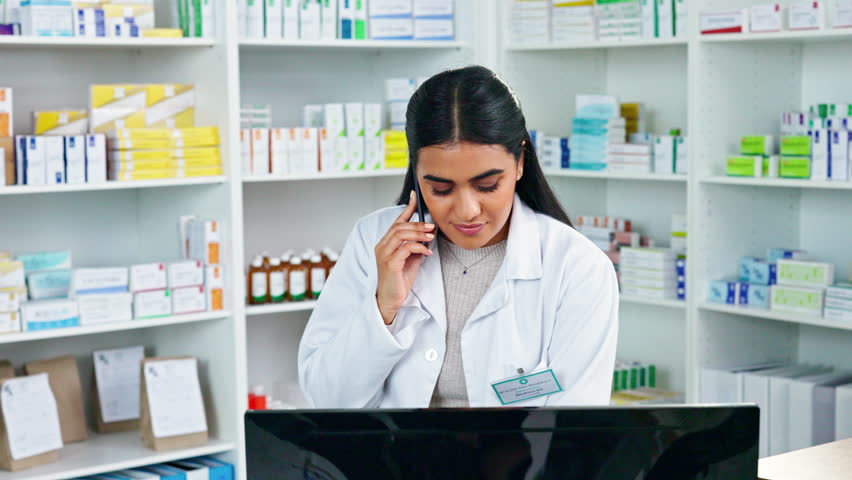 Pharmacist behind a drugstore counter talking to a customer on the phone to confirm a prescription order. A doctor consulting with a patient recommending medication, indicating dosage instructions.