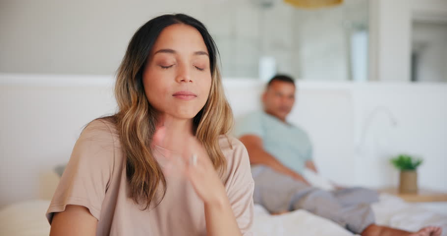 Divorce, fight and couple on a bed with stress, anxiety or cheating depression in their home. Marriage, crisis and frustrated woman overthinking in a bedroom with commitment, doubt or liar conflict | Shutterstock HD Video #1111183599