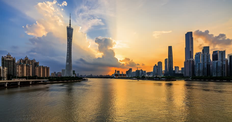 Guangzhou skyline and modern buildings scenery at sunset, Guangdong Province, China. Famous tourist destination in Guangzhou.